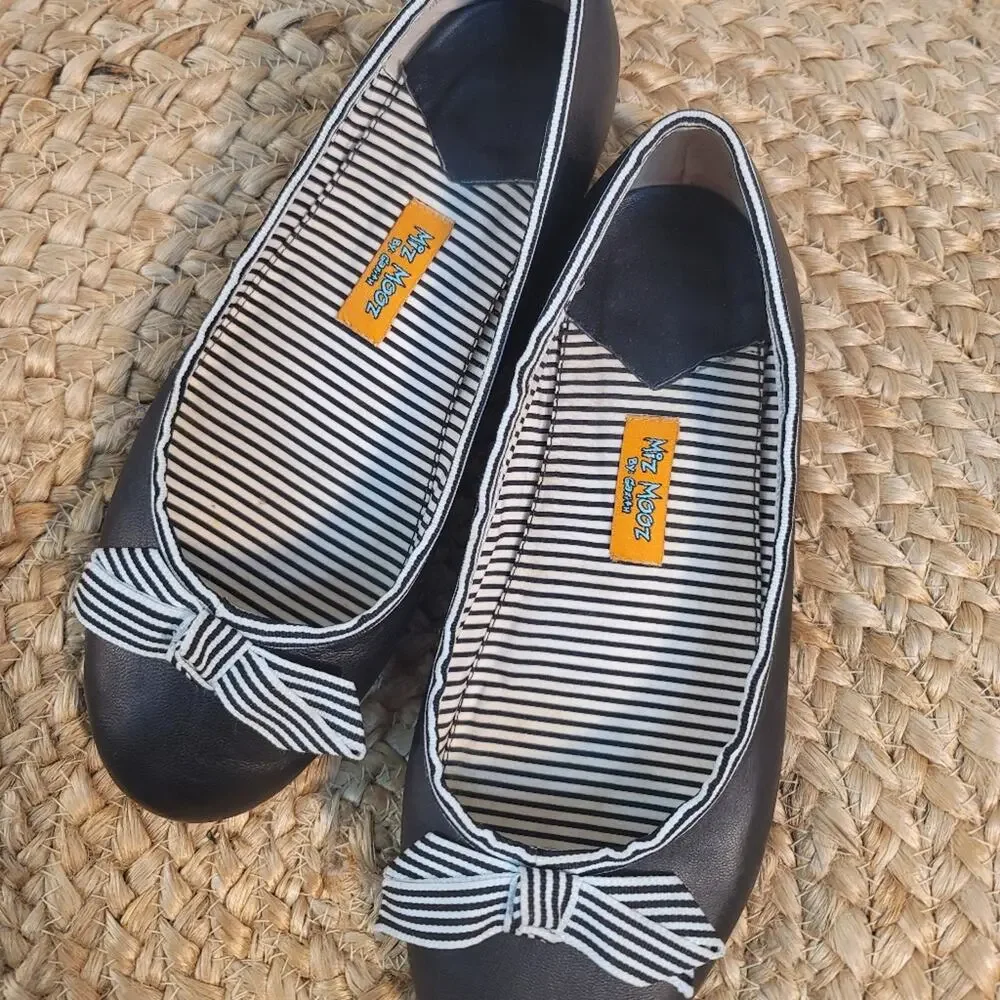 MIZ MOOZ by Gazith Navy Blue Vegan Leather Striped Bow Ballet Flats Round Toe 9 - Picture 6 of 12